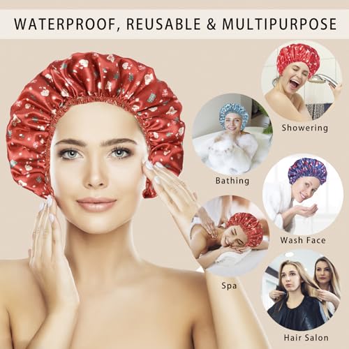 4 PCS Shower Cap for Women, Elastic and Reusable Bath Caps, Double Layers Shower Caps Reusable Waterproof, Bathing Shower Caps, Environmental Bath Hair Protection Cap - Chrismas Pattern - color: Chrismas Pattern 4 PCS/Set