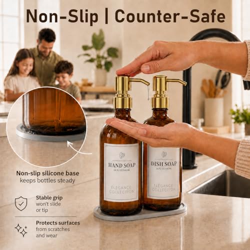 Fachixy Amber Glass Soap Dispenser (2 Pack), 16 Fl Oz Hand & Dish Soap Dispenser Bottles Set with Rust-Resistant Stainless Steel Pump, Non-Slip Pad, 14 Waterproof Labels for Kitchen and Bathroom - color: Amber