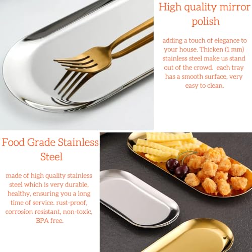 Stainless Steel Decorative Tray 2 PC, 10.2 Inch & 8.7 inch, Metal Serving Tray Jewelry Dish Cosmetics Organizer Bathroom Clutter Serving Platter Small Storage Tray, Oval（Gold & Silver）