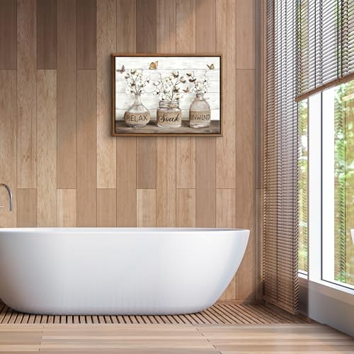 BJVJKSU Framed Farmhouse Bathroom Wall Art Brown Rustic Cotton Flower Bathroom Canvas Wall Decor Relax Soak Unwind Sign Painting Print Vintage Aesthetic Picture Artwork Decor(12x16in) - color: Brown framed, size: 16"L x 12"W