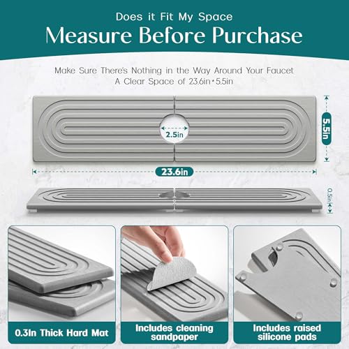 eormoe Kitchen Faucet Absorbent Mat - Large Diatomaceous Earth Splash Guard for Sink Faucet, Aesthetic Water Absorbing Stone Tray in The Modern Home (Grey, 23.6" x 5.5") - color: Gray, size: 23.6" x 5.5"