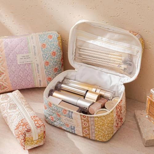 HBselect Quilted Makeup Bag, 3PCS Cotton Large Travel Makeup Bag, Cute Floral Coquette Make up Bag Cosmetic Bag Toiletry Bag for Women Girls - color: A-3PCS-Floral 36