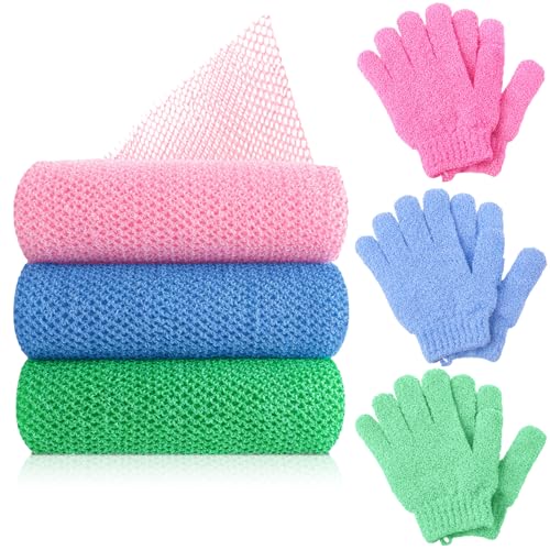 6 Pack African Net Sponge Exfoliating Glove Set, Including 3 Pcs Bath Sponge African Scrub Net Body Scrubber Back Scrubber and 3 Pairs Exfoliating Gloves as Stocking Stuffers for Adults