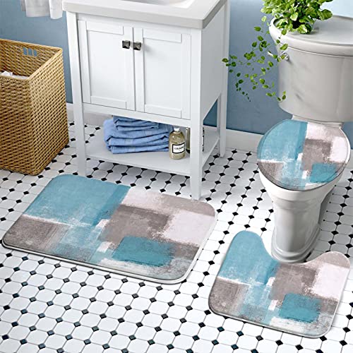 Lnond 4Pcs Bathroom Shower Curtain Sets with Rugs,Sky Blue and Grey White Abstract Painting Bathroom Sets with Shower Curtain and Rugs and Accessories - color: Sky Blue
