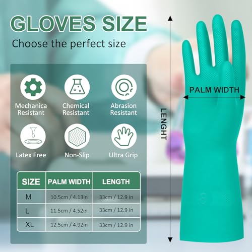 Beieverluck 10 Pairs Chemical Resistant Gloves, Reusable Heavy Duty Rubber Work Gloves, 12.6" Long Nitrile Gloves for Acid Alkali Oil Protection and Industrial Use Household, Medium - size: Medium
