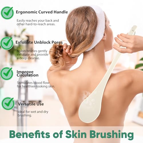 Back Scrubber for Shower, 17-Inch Shower Brush for Men and Women, Long Handle Exfoliating Body Brush, Medium Bristle Stiffness for Dry or Wet Brushing (Cream White) - size: 17 in - Cream White