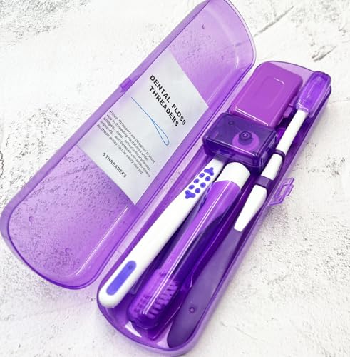Portable Orthodontic Oral Care Kit for Braces - Interdental Brush Dental Wax Dental Floss Toothbrush Cleaning Kit(Purple) - color: Purple