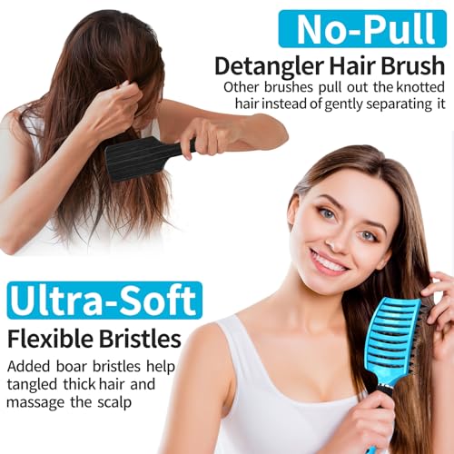 Boar Bristle Hair Brush Set of 2, HIPPIH Wet & Dry Hair Brushes Made by Fine Natural Boar Hair Can Adds Shine and Smoothing, Detangling Hairbrush for Women, Men & Kids' Long Curly Thick Hair - color: Mint Blue & Pink