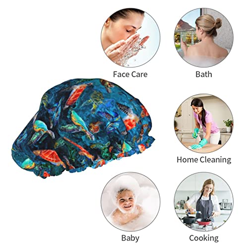 Sea Turtle Shower Cap For Women Adjustable Double Waterproof Layers Bathing Bath Cap Hair Protection Reusable Ladies Spa Salon Shower Hat - color: Sea Turtle