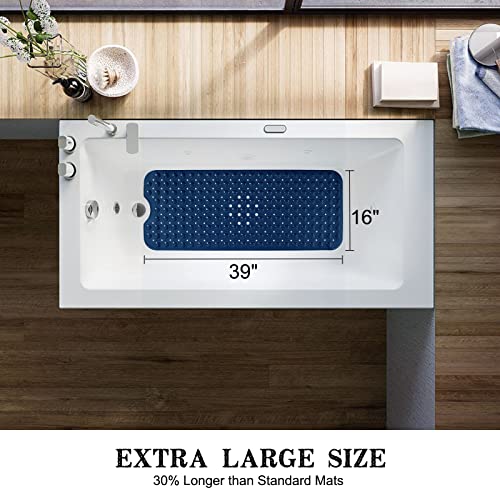 Bathtub and Shower Mats, Extra Long Non-Slip Bath Tub Mat 39 x 16 Inch, Machine Washable Bathmat with Suction Cups & Drain Holes for Bathroom Floor, Navy Blue - color: Navy Blue
