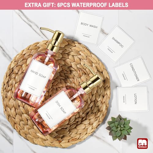 GMISUN Pink Soap Dispenser Bathroom, 2 Pack Kitchen Hand and Dish Soap Dispensers Set, 17 Fl Oz Pink Glass Soap Dispenser with Gold Pump, Refillable Modern Farmhouse Liquid Soap Pump Bottles - color: Pink Bottle + Golden Pump
