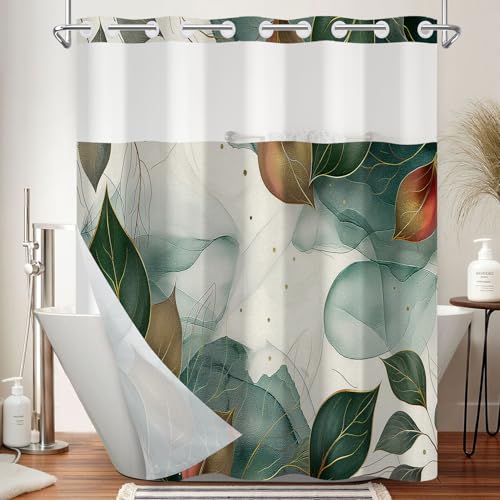 Abstract Botanical Shower Curtain with Snap in Liner - Boho Green Leaf Art Print Bathroom Shower Curtain No Hooks, Waterproof Double Layer Bath Curtain with Mesh Top Window, 71″W x 74″L - color: Cyan Leaves