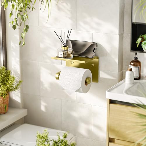 Tindbea Toilet Paper Holder with Phone Shelf, Adhesive or Screw Wall Mount Toilet Tissue Roll Holder, Rustproof & Multifunctional Stainless Steel Bathroom Storage Dispenser (Brushed Gold) - color: E-brushed Gold