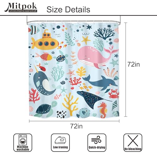 4 PCS Blue Kids Bathroom Set Summer Ocean 72Wx72H Shower Curtain Set Bath Rug Toilet Lid Cover Nonslip U Shape Mat Whale Funny Cartoon Cute Animal Resistant Accessories 12 Hooks Bathroom Decor - color: A 02 Blue, size: 72"W x 72"L (Pack of 4)