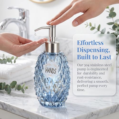 MALACHI Glass Soap Dispenser, 304 Rustproof Stainless Steel Pump, Refillable Multi‑use for Hand Soap, Dish Soap, Body Wash, Shampoo, Baby Wash for Bathroom Kitchen & Commercial - color: Blue