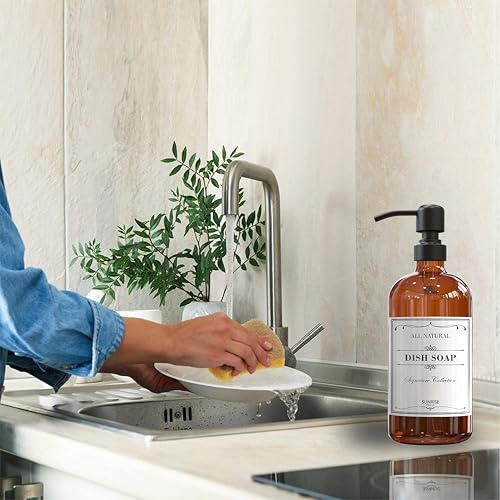 Sunrise Premium 4 Pack Amber Glass Soap Dispenser 16 OZ with Matte Black Stainless Steel Pump, Hand and Dish Soap Dispenser Set for Bathroom and Kitchen Sink with 12 Waterproof Labels - color: Matte Black Ss Pump - Amber Glass 4pc