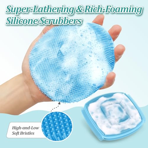 Silicone Bath Glove & Face Scrubber Set 2PCS, 360° Anti-Slip & Hand-fit Body Scrubber for Rich Foaming Deep Cleaning, Unique Facial Scrubber with Side-bristles for Contoured Areas.(Blue) - color: Blue Set