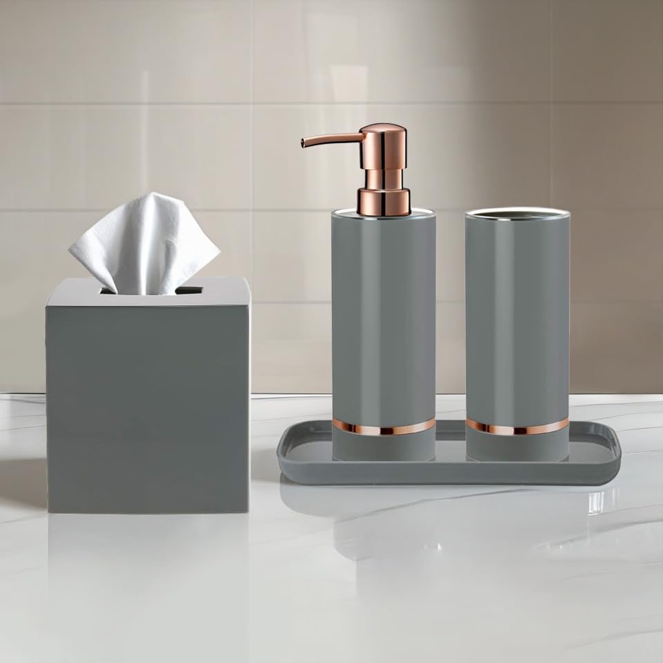 Decozen Bathroom Accessories - 4Pcs Bath Accessories for Home Decor Soap Dispenser, Lotion Dispenser, Tissue Box & Tray for Bath Decor Countertop Organizer - Christmas Decorations, Housewarming Gift - color: Grey