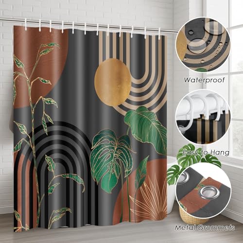 Brown Boho Mid Century Shower Curtain Set with Toilet Lid Cover and Non-Slip Rugs, Abstract Retro Grey Background 4 Pcs Modern Minimalist Aesthetic Shower Curtain for Bathroom Set with 12 Hooks - color: Grey