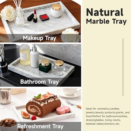 12"x8" Marble Tray White Rectangular Bathroom Tray countertop, Vanity & Kitchen | Includes Mirror Wiper and Wash Towel | Decorative Organizer for Perfume, Jewelry & Home Decor