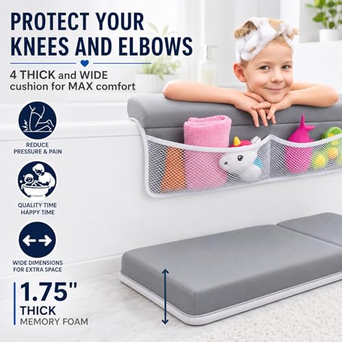 Comfortable Baby Bath Kneeler and Elbow Rest Pad Set, Non-Slip Bathtub Kneeling Pad for Bathing Baby, Bath Tub Cushion Mat, Elbow Pads, Toy Organizer Storage Pockets, Strong Suction Cups - color: Light Gray