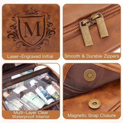 Personalized Gifts 3-in-1 Hanging Travel Toiletry Bag for Men, Laser-Engraved Initial Waterproof PU Leather Shaving Bag Valentines Easter Birthday Gifts for Men Dad Husband Son Light Brown E - color: Light Brown, style: E