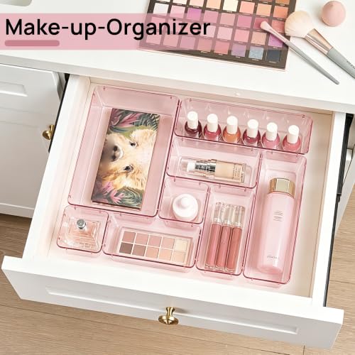 Vtopmart 25 PCS Plastic Drawer Organizers Set, 4-Size Versatile Bathroom and Vanity Drawer Organizer Trays, Storage Bins for Makeup, Bedroom, Kitchen Gadgets Utensils and Office - color: Clear Rose Glod