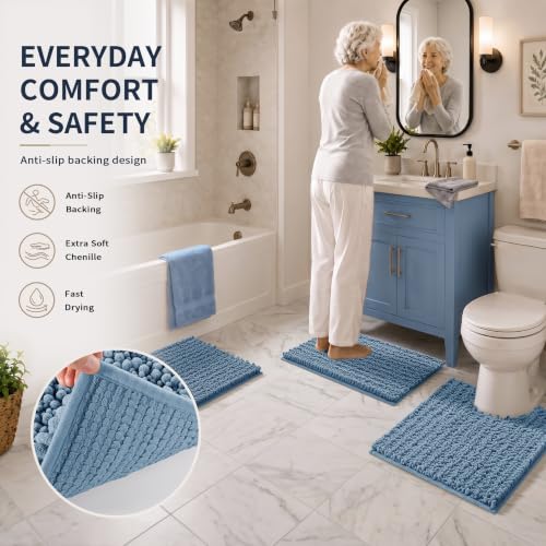 Yimobra Bathroom Rug Set 3 Piece - Super Absorbent Quick Dry Chenille Bath Mats & Toilet Rug, Non Slip Machine Washable, Extra Thick Shaggy Floor Mat for Shower Tub Sink, Denim Blue - color: Denim Blue, size: 24"x17" + 24"x20" + 30"x20"