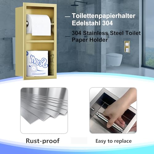 Neodrain Gold Tissue Holder, Contemporary Hotel Style in Wall Toilet Paper Holder, Stainless Steel Recessed Tissue Paper Roll Holder, Double roll(Gold) - color: Gold, size: 6X12In
