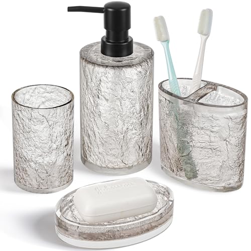 RQYIXI 4 PCS Resin Bathroom Accessories Set,Silver-Grey,Minimalist Luxury | Modern Elegance Shatterproof Bathroomset includes:Soap Dispenser, Toothbrush Holder, Tumbler, Soap Dish - size: 4pcs