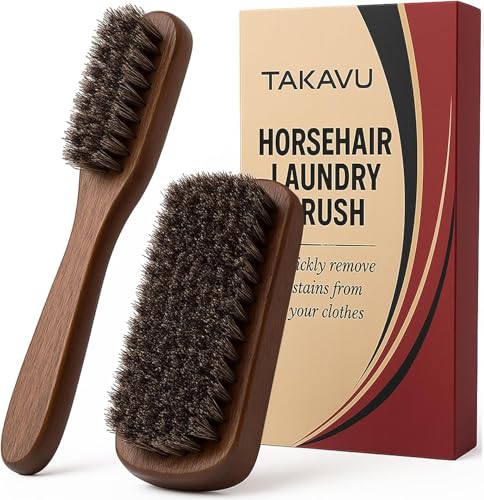 TAKAVU Horse Hair Laundry Brush Set of 2, Soft Natural Bristle | Horsehair Stain & Scrub Brush for Clothes, Fabric & Upholstery, Gentle on Knits, Cotton & Linen, Washable - color: Brown Horse Hair