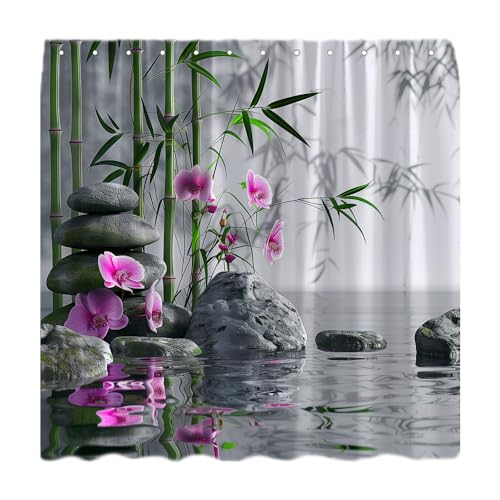 Spa Shower Curtain Flower Green Plants Zen Stone Spring Relax Fabric Bathroom Decor Sets with Hooks