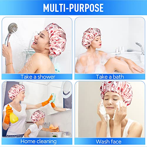 Shower Caps for Women Reusable Waterproof- Adjustable Women Shower Cap Reusable Hair Cap for Shower, Shower Cap for Adult and Kids - color: Pink Strawberry, size: Medium