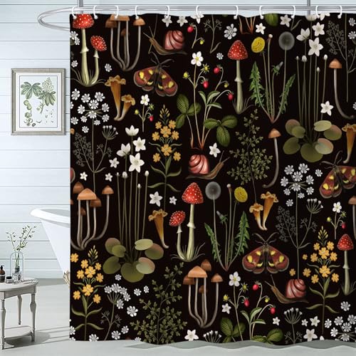 Retro Mushroom Shower Curtain for Bathroom, Fairy Forest Flowers Plants on Black Background Bath Curtains, Vintage Botanical Fabric Shower Curtain Sets with Hooks 72 x 72 - color: Red Black, size: 72"W x 72"L (Pack of 1)