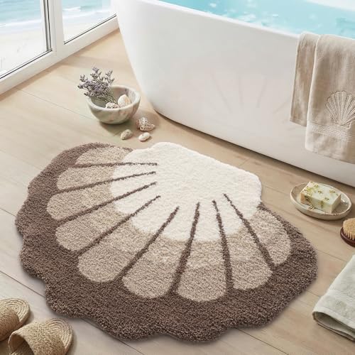 DEXI Seashell Bathroom Rugs Non Slip Washable, 31x24 Ultra Soft Cute Bath Mats for Bathroom Absorbent Quick Dry, Coastal Sea Bathmat for Shower Floor, Tub, Sink, Beige - color: Scallop Beige