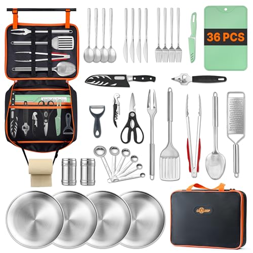 Gaialoop Portable Camping Cooking Utensils Set, Camp Kitchen Set with Organizer Bag, RV Essentials Outdoor Cooking Utensil Kit for Travel, Picnics, Camping, BBQs, Parties - style: 36pcs