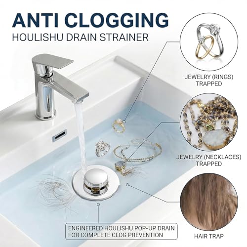 2PCS Pop Up Bathroom Sink Drain Strainer with Removable Stainless Steel Hair Catcher Basket