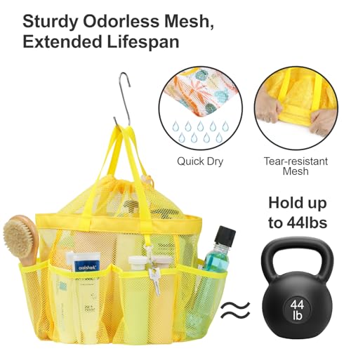 Mesh Shower Caddy Portable with Drawstring - 2-Handle Shower Bag for Dorm | 8 Deep Pockets, S-Hook, Quick-Dry Mesh, College Dorm Room Essentials for Girls, Camping, Gym, Travel, Yellow - color: Yellow with Drawstring, size: L (Classic Dorm Caddy)