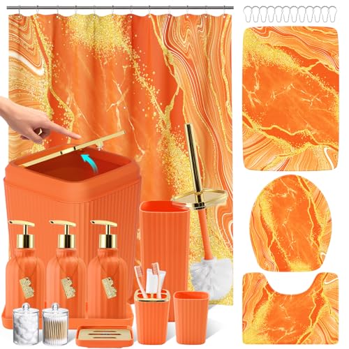 21PCS Bathroom Sets with Shower Curtain and Rugs Bathroom Accessories Set Orange Bathroom Set Complete with Trash Can, Toilet Brush, Qtip Holder & 3PCS Soap Dispenser - size: Bath Set+Marble Shower Curtain+Rugs, style: Orange
