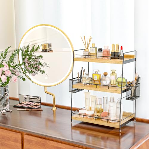 3 Tier Bathroom Counter Organizer with Side Baskets, Wood Countertop Vanity Shelf,Sturdy Metal Frame fits Tall Bottles - color: Brown