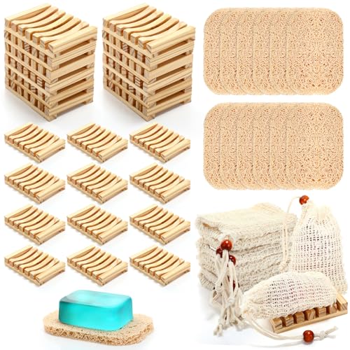 Baderke 36 Pcs Soap Saver Set for Packaging Gift Including Wooden Dish Holder Exfoliating Bag with Drawstring Soap Pads for Mother's Day Bar Wedding Baby Shower Homemade Gift(Wood Color) - color: Wood Color