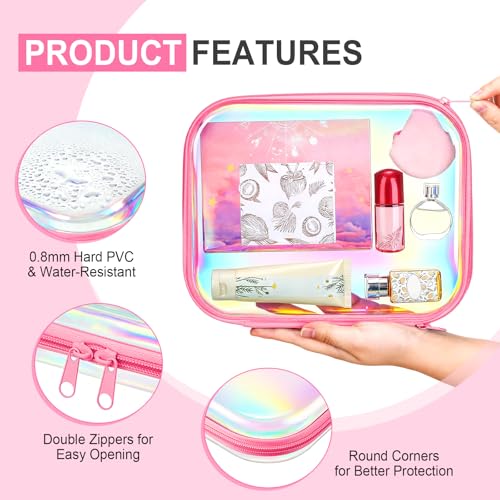 Hoolerry 4 Pcs Hard Clear Zipper Case Makeup Bags Plastic Zipper Pouch Transparent Storage Box Containers for Cosmetics, Snacks, Building Blocks, Puzzles(Clear,9.8 x 7.9 x 2 in,Pink Laser) - color: Pink Laser, size: 9.8 x 7.9 x 2 in