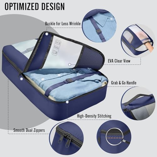Veken 10 Set Packing Cubes for Travel Essentials,Anti-Wrinkle Buckled Suitcase Organizer for Shoe & Toiletry Bag,Carry On Luggage Bag with 99+ Count Mesh Holes for Airplane & College Dorm Accessories - color: 05 Indigo Blue