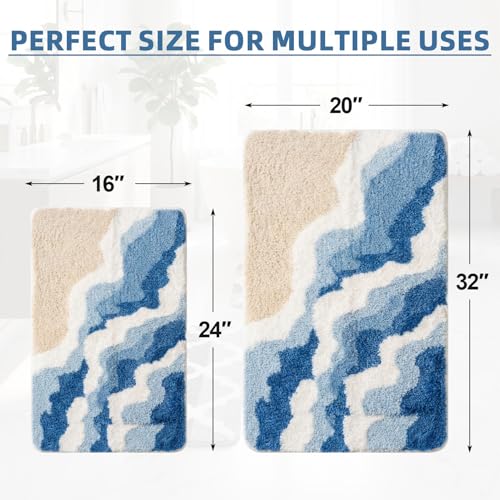 Arttown Blue Sea Waves Bathroom Rug Set 2 Piece Fluffy Microfiber Non-Slip Water Absorbent Bath Mat Soft Washable Floor Rug for Tub Showers Laundry Room Decor (16"x24"+20"x32") - color: Blue
