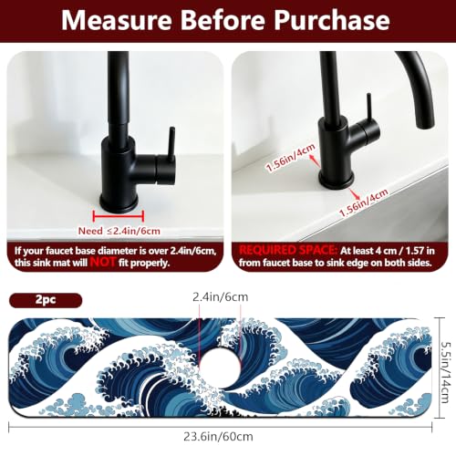 2 Pcs The Ocean Kitchen Sink Splash Guard Faucet Mat The Waves Faucet Mat for Sinks Absorbing Drying Mats for Kitchen Bathroom, 23.6x5.5inch - color: Waves Pattern