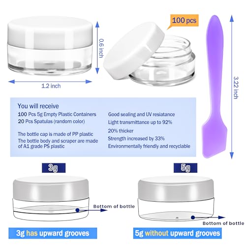 100 Pack 5g Plastic Jars with Lids, 5ml Round Clear Cosmetic Containers Makeup Jars, 5gram Travel Size Container Jar with Spatulas for Makeup Sample Lotion Cream Ointment Salve Balm Powder - color: White, size: 5g