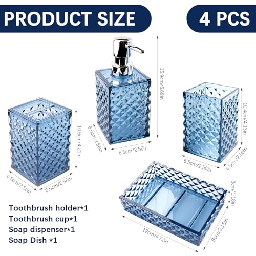 Bathroom Accessory Set, 4 PCS Blue Bathroom Accessories Set, Soap Dispenser and Toothbrush Holder Set, Soap Dish and Mouthwash Cup, Bathroom Decor, Bathroom Sets Accessories