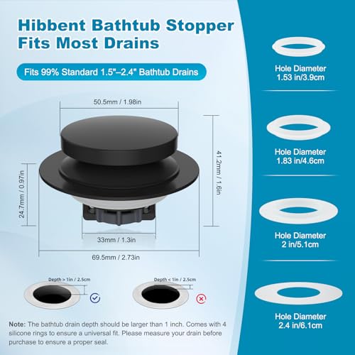 Hibbent 2 Pack 3 in 1 Metal Bathtub Drain Stopper, Universal Pop Up Tub Stopper with Removable Filter Basket, Anti-Clogging Bathtub Hair Catcher for 1.5''~2.4'' Drain, Brass Bullet Core, Matte Black - color: Matte Black Finish