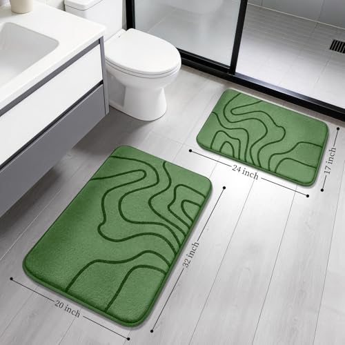 YIHOUSE Memory Foam Bathroom Rugs Sets 2 Piece - Extra Thick Ultra Soft Absorbent Bath Mat Set, Non-Slip Machine Washable Bath Rugs for Bathroom, Tub & Shower, Home Decor (32"x20"+24"x17",Olive Green) - color: Olive Green, size: 1'5" x 2'8" (17"x24"+20"x3