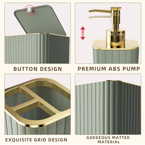 XLHOMO Bathroom Accessories Set - Gorgeous Bathroom Set, 10PC Sage Green Bathroom Accessory Set, Toilet Brush, Trash Can & Soap Dispenser - size: Bath Set, style: Sage Green&Gold